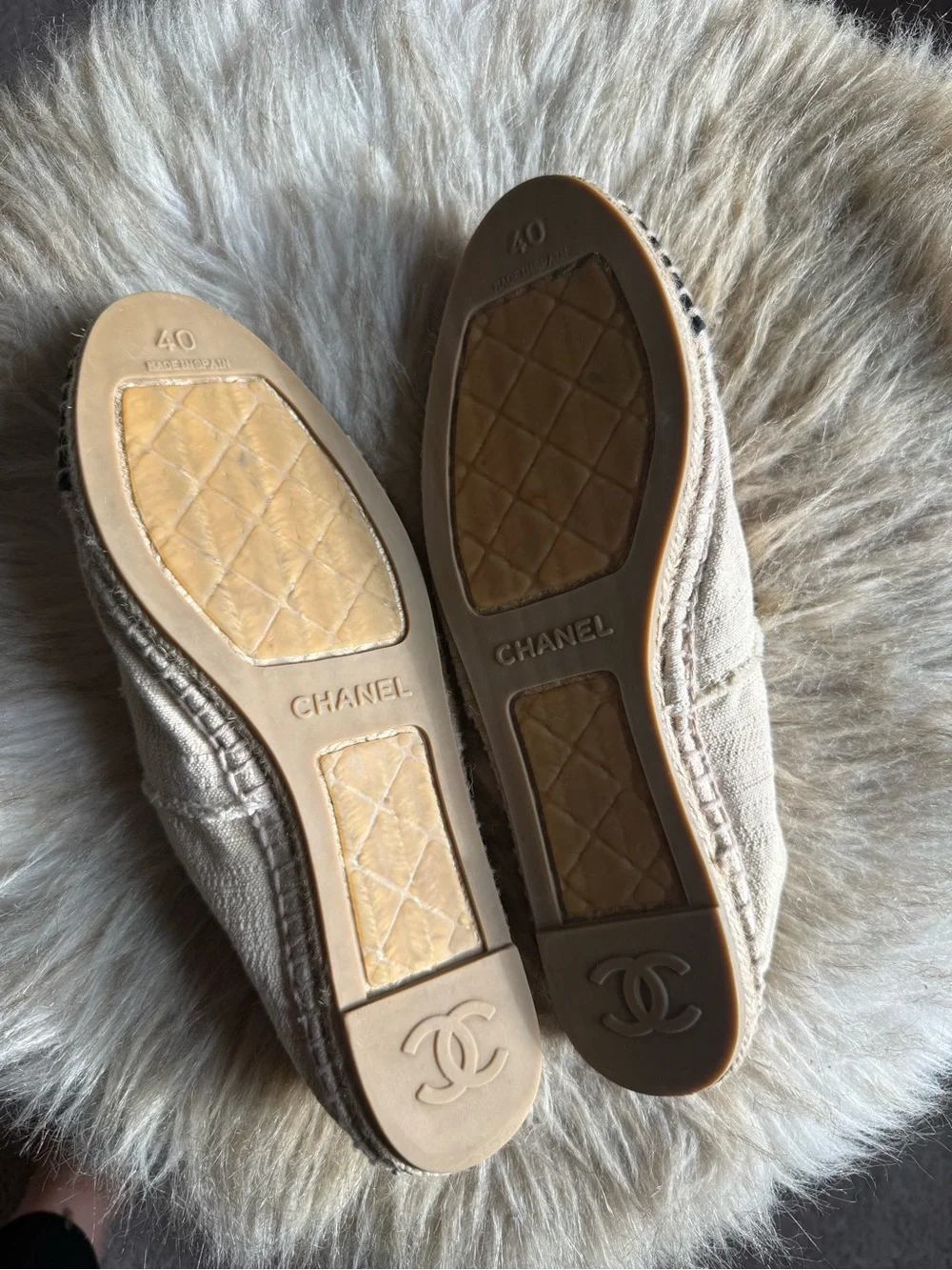 CHANEL Cream Espadrille Flats with Black Toe Cap